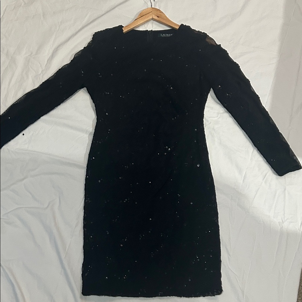 Ralph Lauren Elegant Black Long Sleeve Embellished Sheath Dress